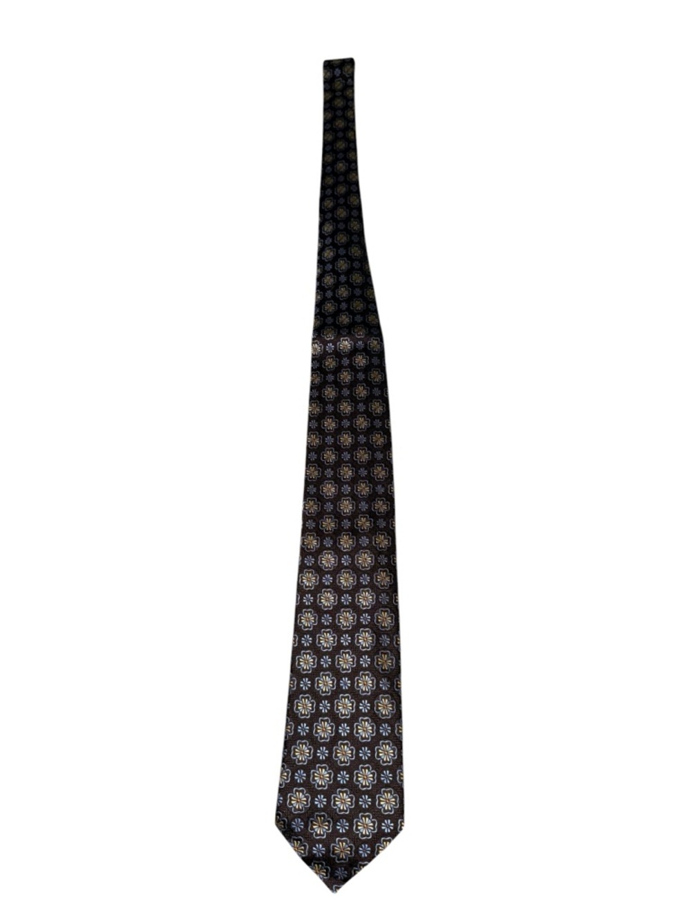 Paul Fredrick 100% silk tie brown with blue and yellow floral pattern - Picture 3 of 4